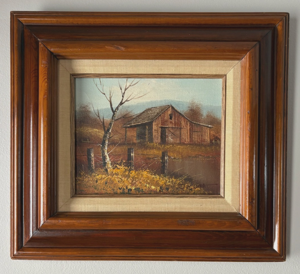 Vintage Oil Painting Of Old Barn By J. Medina In Wood Frame 18.5x16
